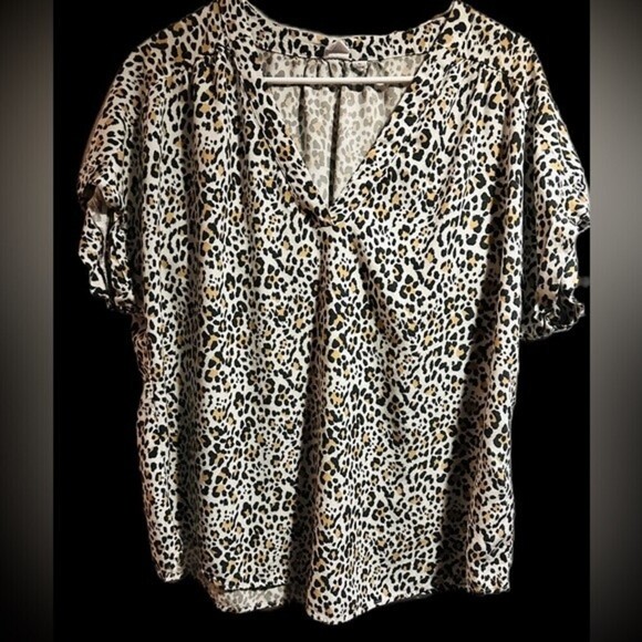 Gap Low Cut V-Neck‎ Loose Fit Animal Print Women’s Short Sleeve Cuff Blouse Xl - Picture 4 of 16